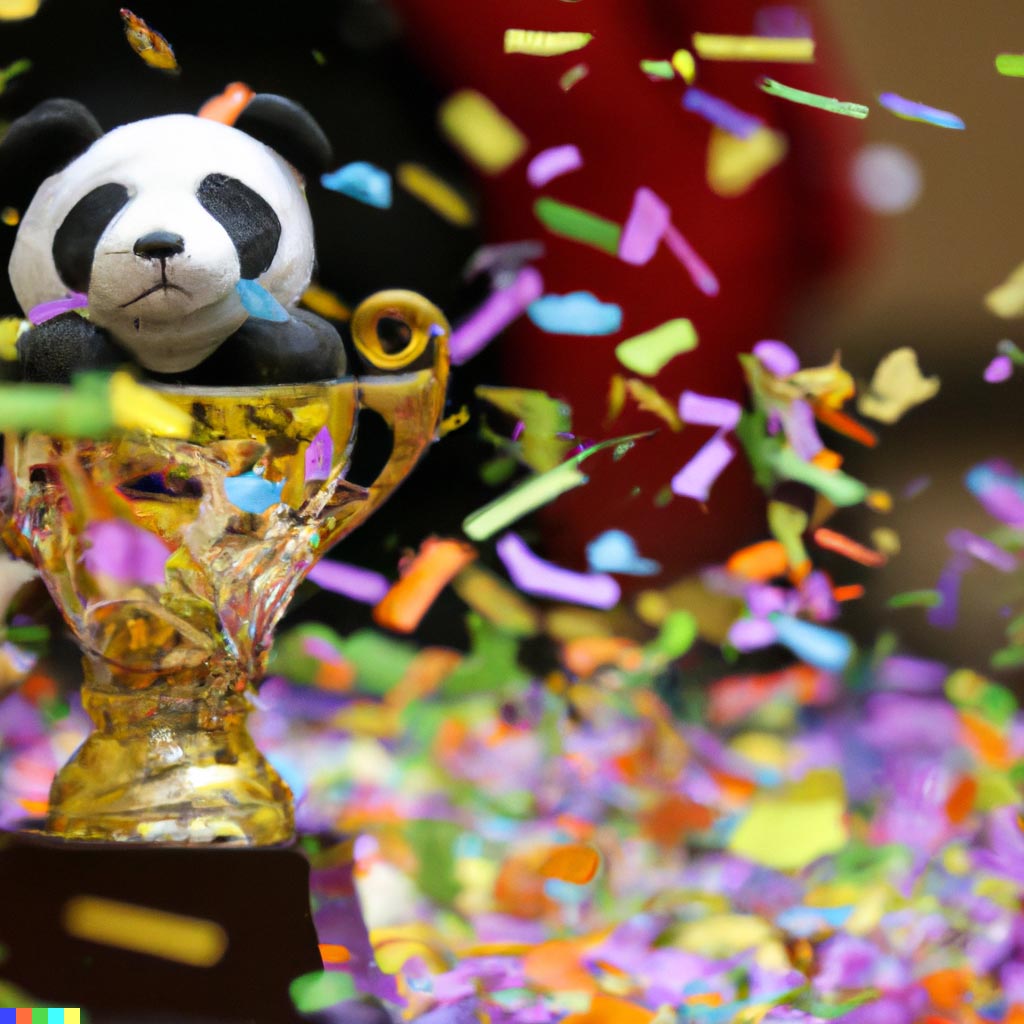 DALL·E prompt: A trophy with gold pandas with colorful confetti in a blurred background